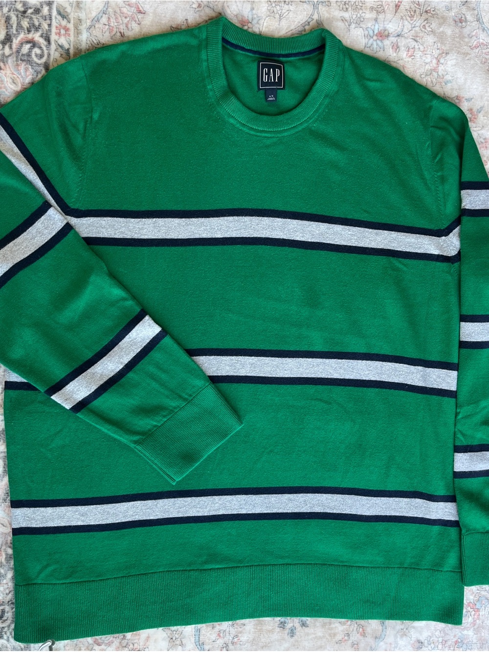 GAP Green Crewneck Sweater with Navy and Light Gray Stripes